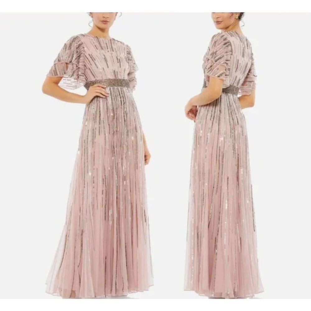 Mac Duggal Embellished Full Length Layered Sleeve Gown Dress Rose Pink SZ 8 NWT
